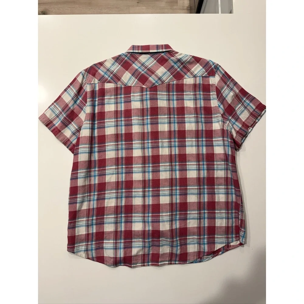 Lucky Brand Men's Red Blue White Plaid Pearl Snap Cotton Short Sleeve XXL_2